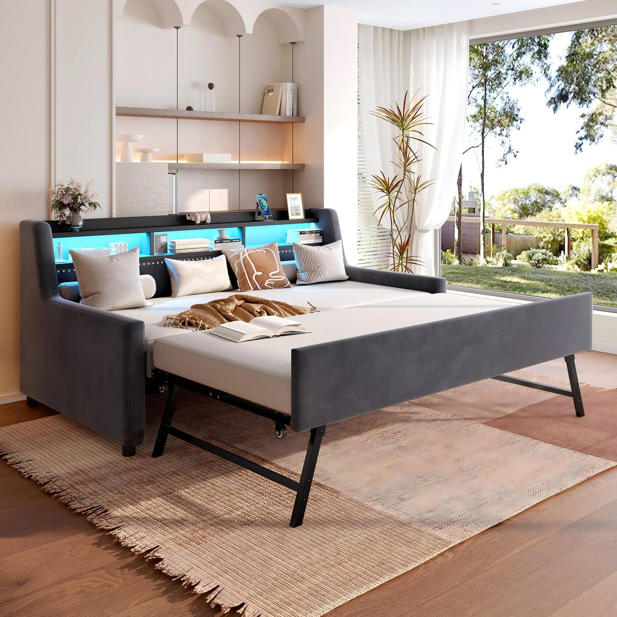 Twin Size Daybed With Trundle With LED Light & Charging Station - Dark Gray