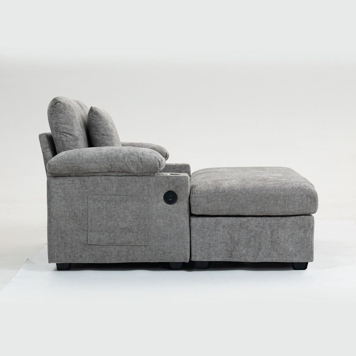 Modern Oversized Chair With Ottoman, Chenille Fabric Sofa Bed, Accent Chair Comfy Sofa With Cupholders And USB Charging Ports Chair For Living Room - Gray