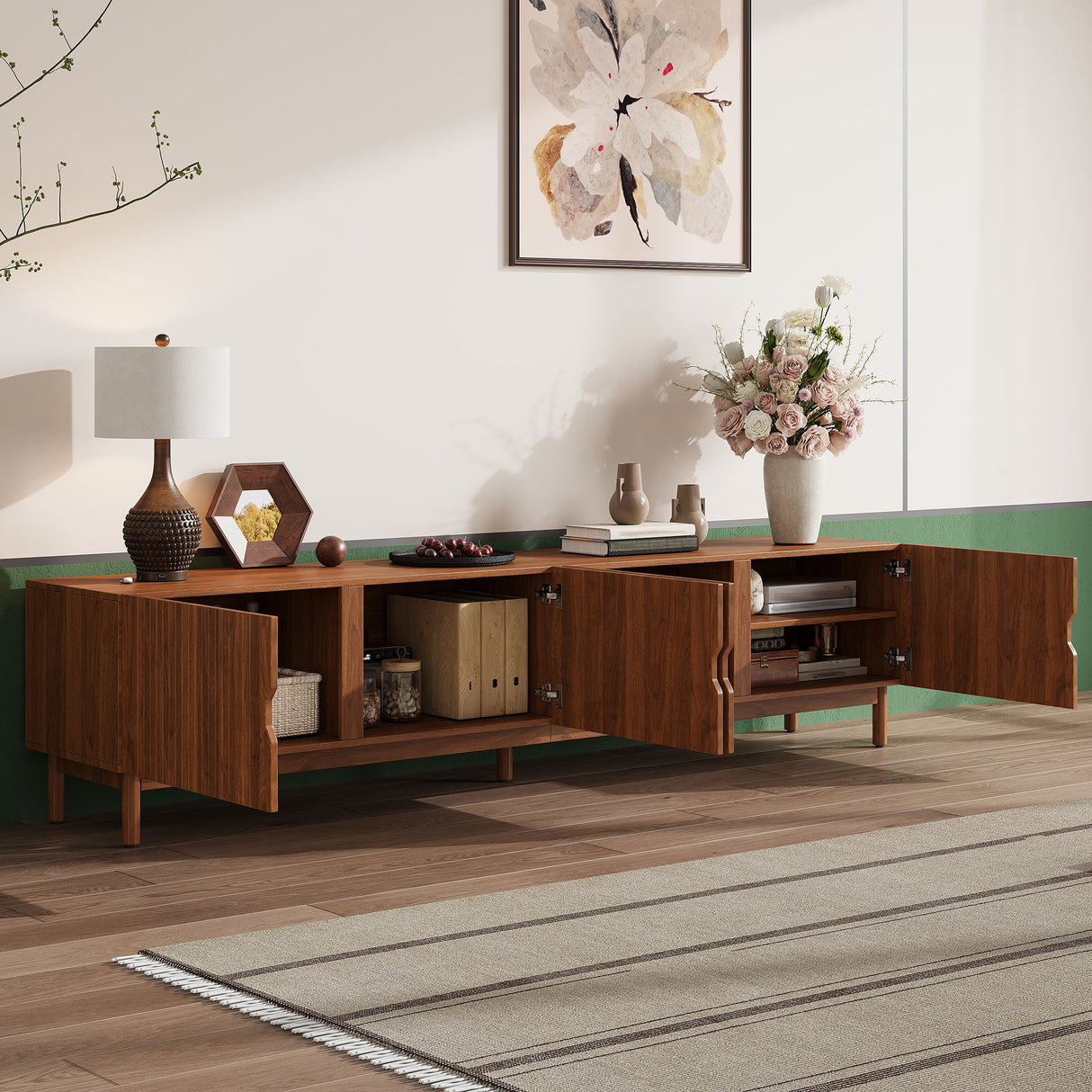 TV Stand With Legs, Media Console, 4 Cabinets For Living Room - Natural Wood