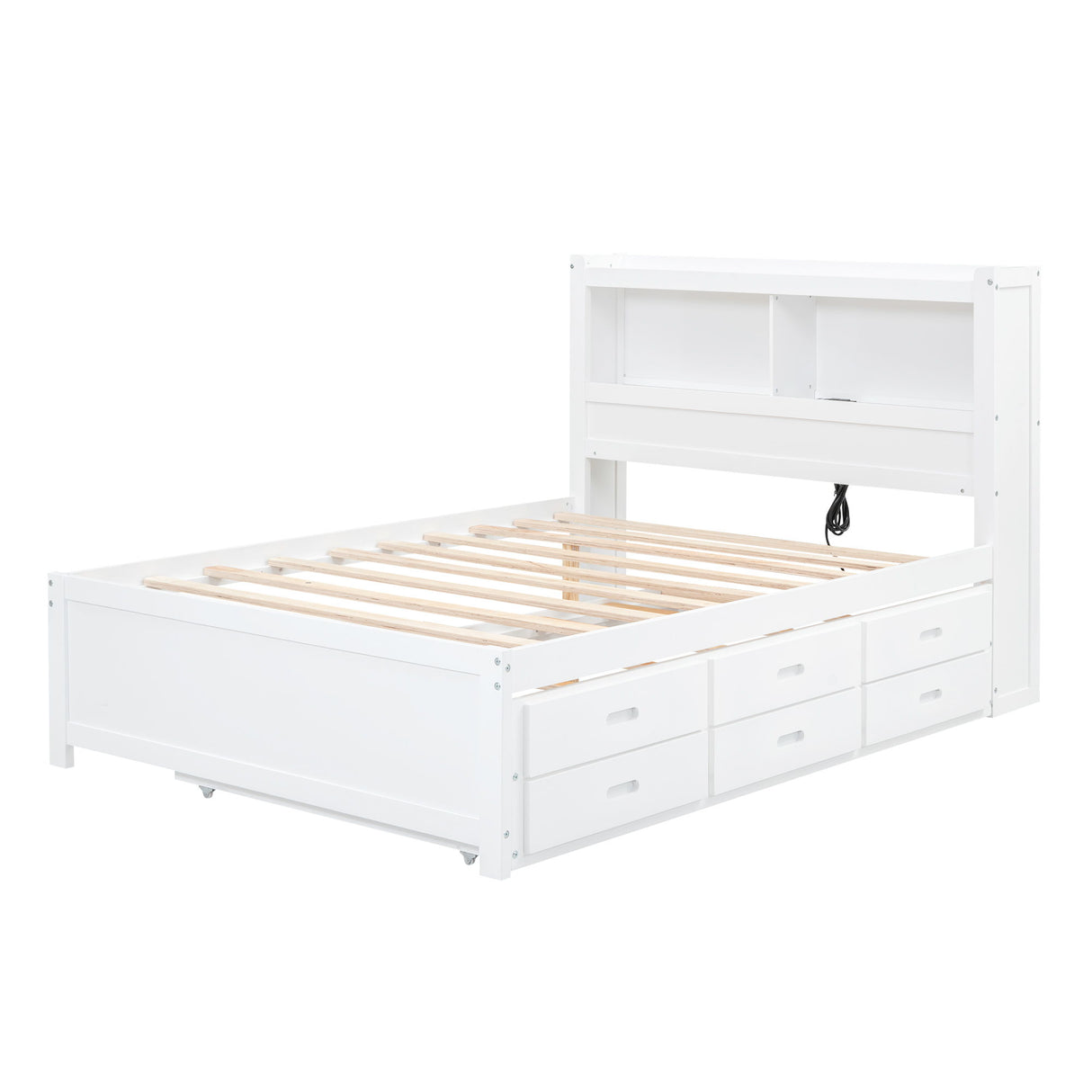 Platform Bed With Trundle, Drawers, USB Ports And Built In Shelves