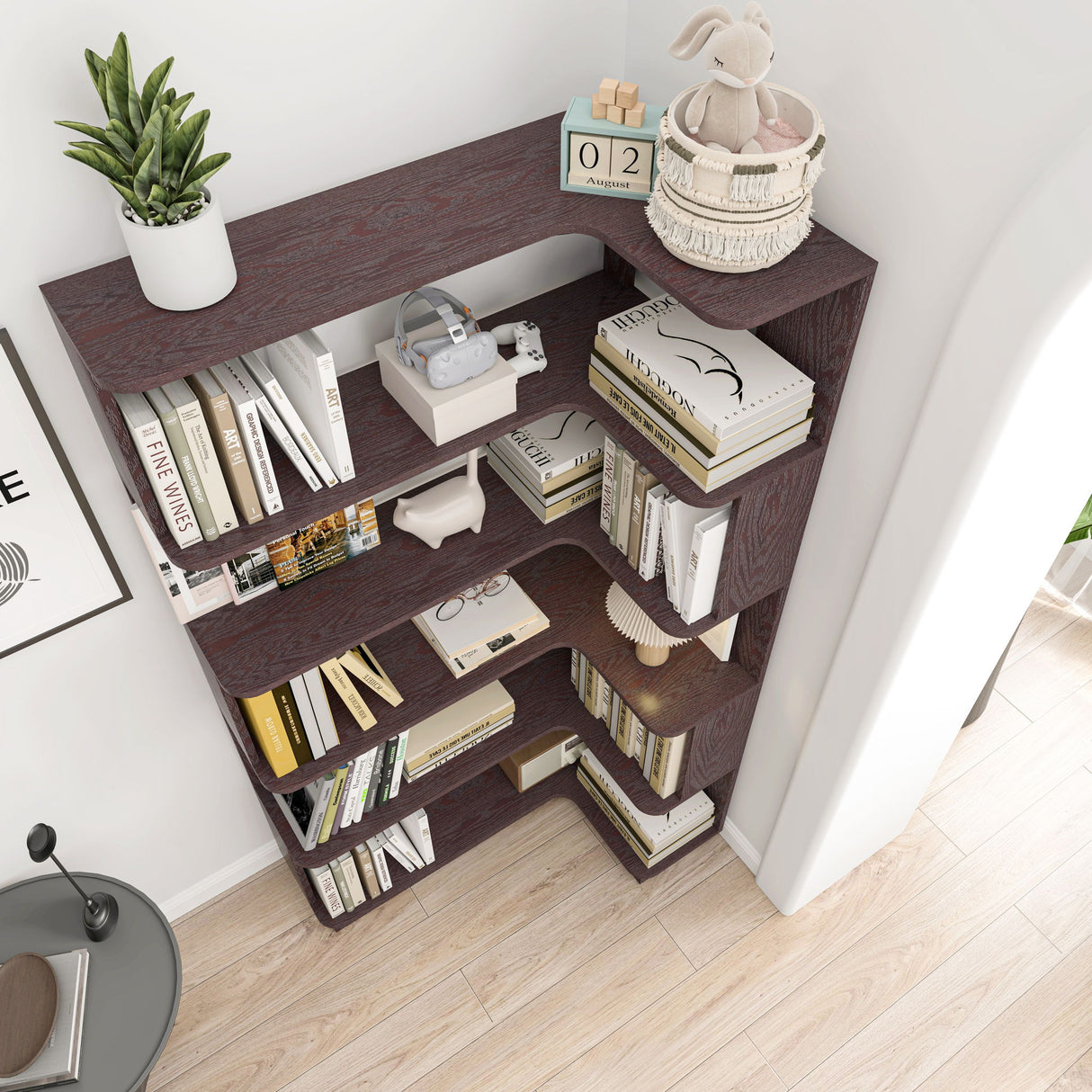 Ox Blood - Red 90Cm L-Shaped Freestanding Corner Bookshelf With Anti Tip Safety, Storage Cabinet For Living Room - Ox Blood Red