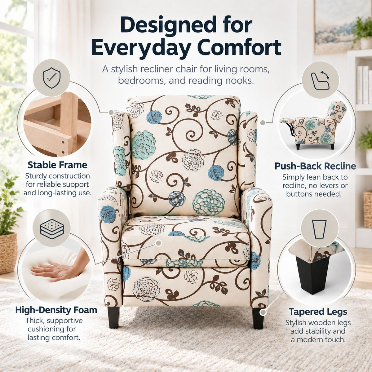 Wingback Recliner Chair With Padded Arms - Beige