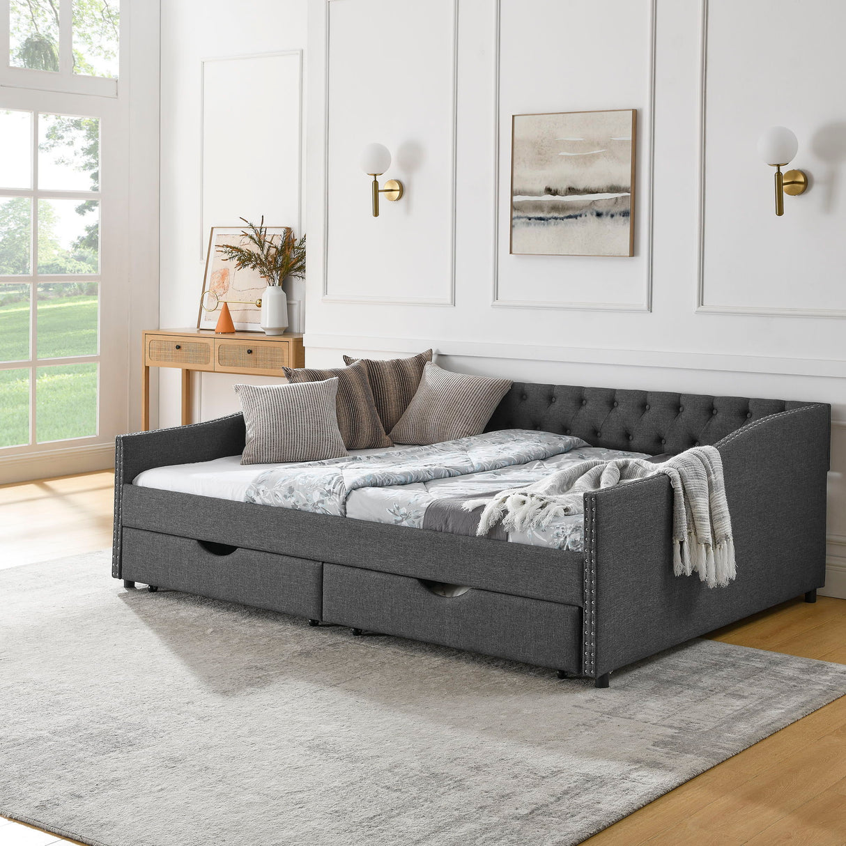 Upholstered Tufted Daybed With 2 Drawers, Waved Arms