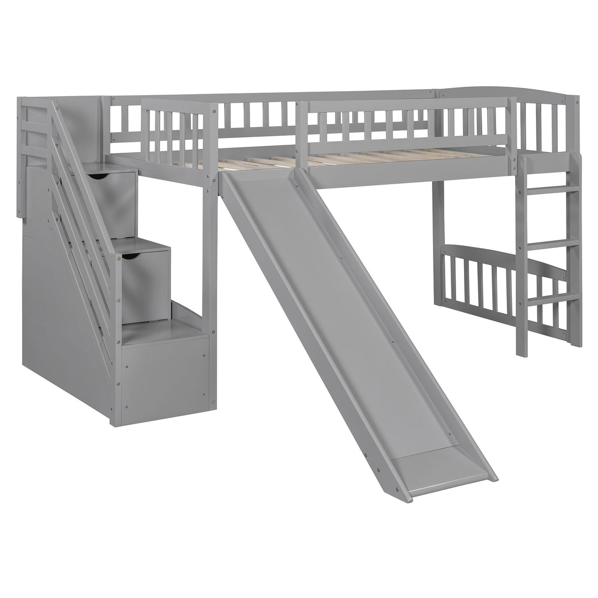 Loft Stairway Bed With 2 Drawers, Convertible Ladder And Slide