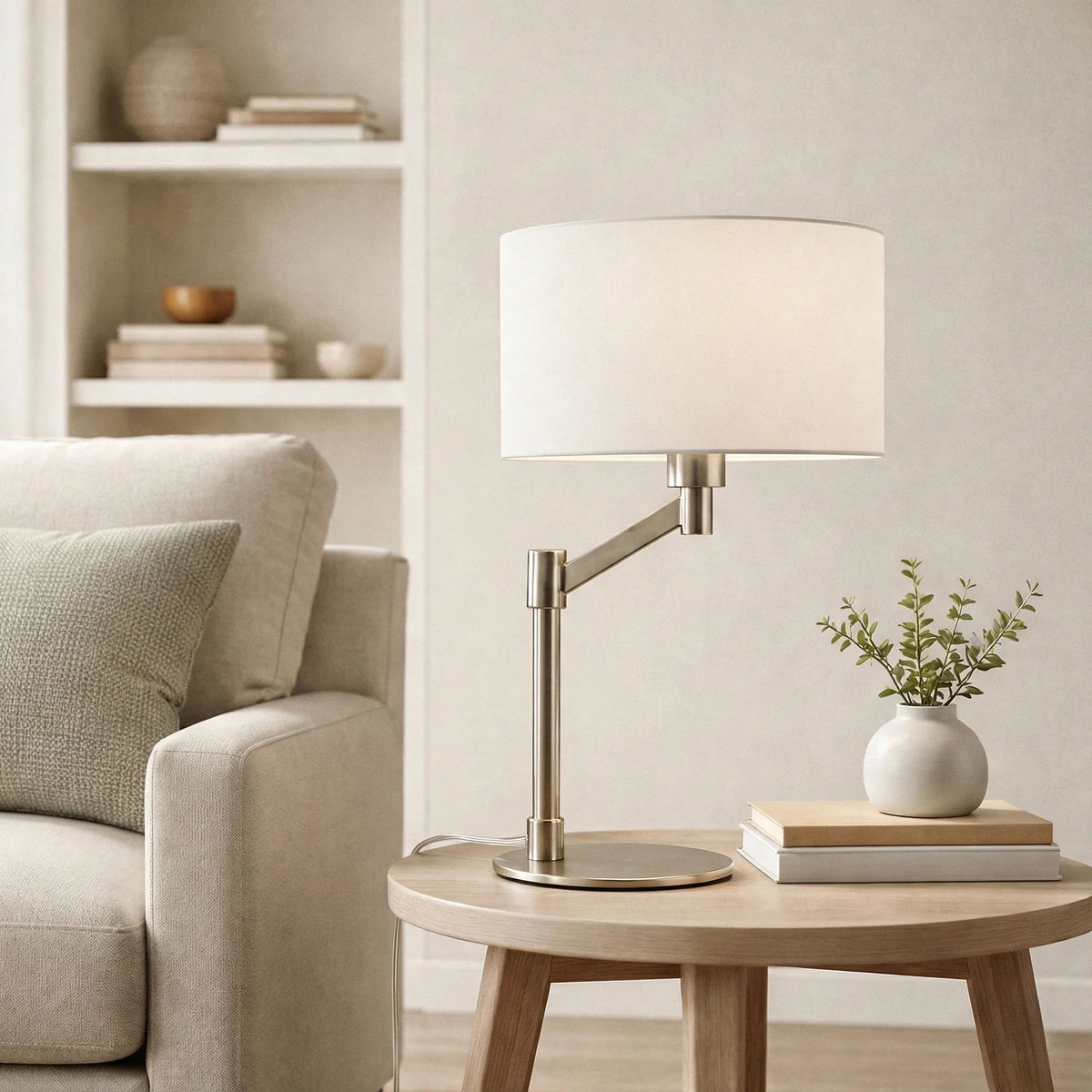 Horizon - Table Lamp With On / Off Switch Curved Base Linen Shade - Brushed Nickel / Silver / White