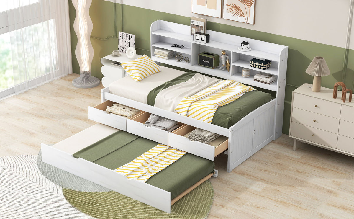 Captain Bed With Built In Bookshelves, 3 Storage Drawers, And Trundle