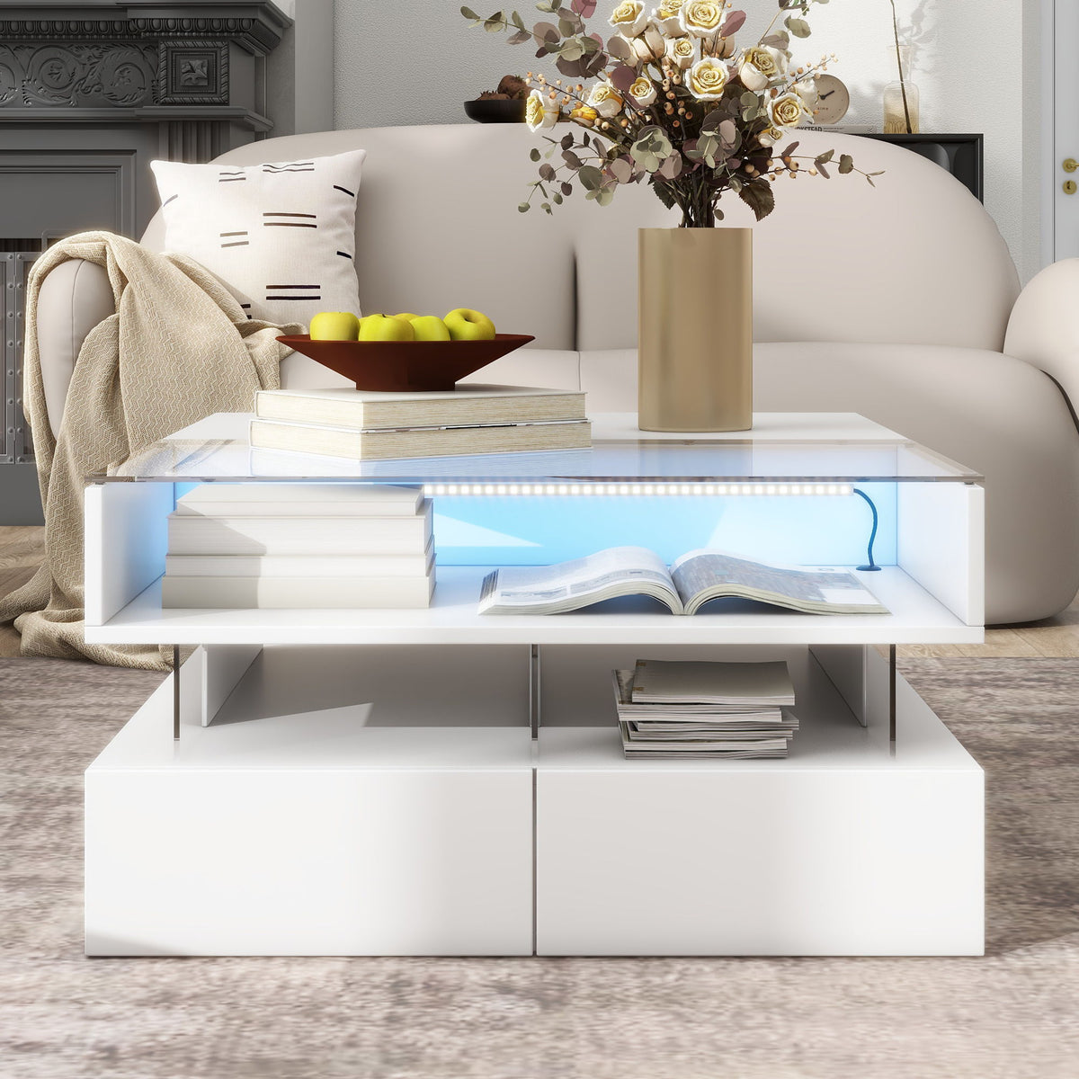 Lift Top Coffee Table With 2 Drawers, Hidden Space And LED Lights For Living Room