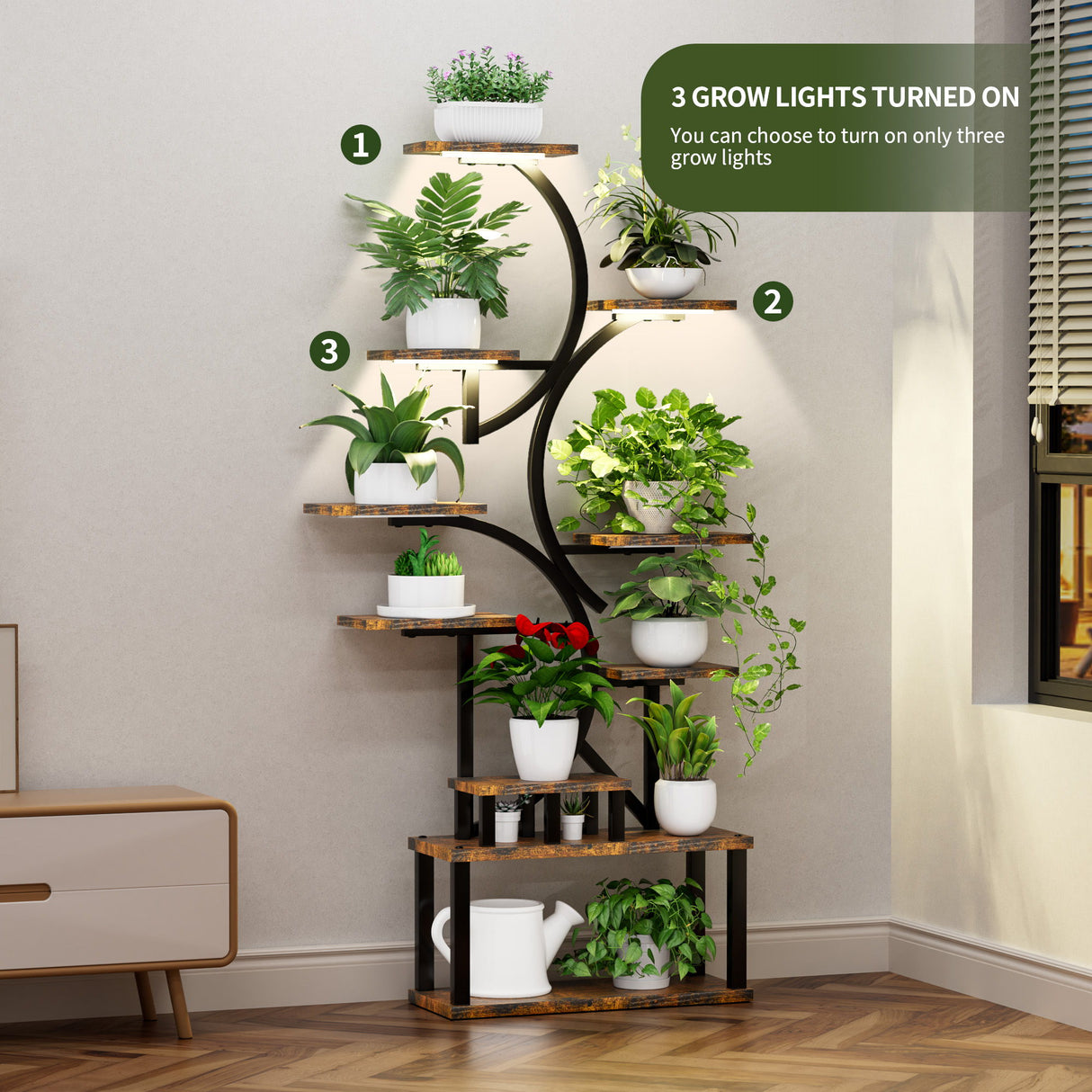 S - Shaped, 10 Tier Plant Stand With 5 Grow Lights - Deep Rustic Brown