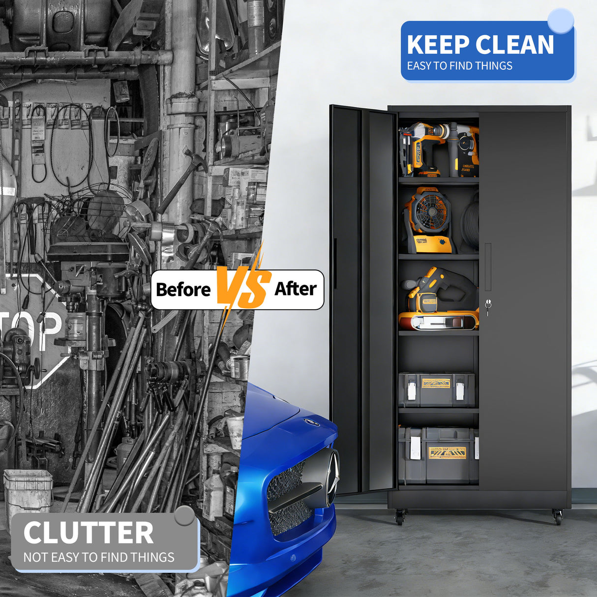 Heavy Duty Rolling Cabinet With Lock, Garage Storage Cabinet, 4 Adjustable Shelves For Tool Organization