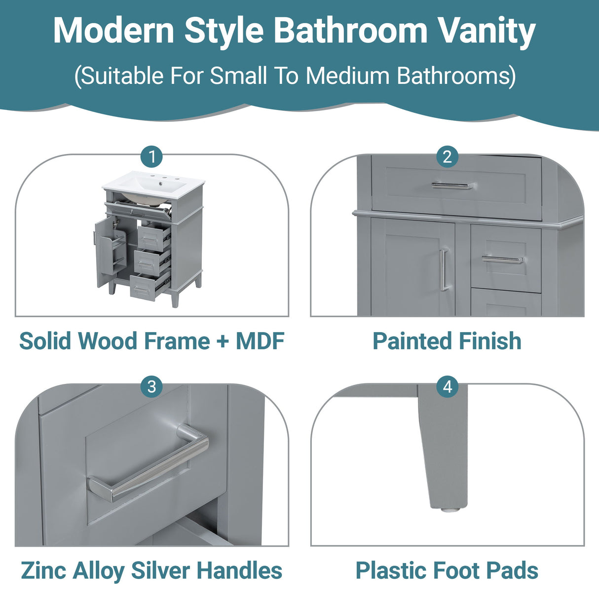 Modern Bathroom Vanity With Sink, Flip Drawer & 3 Drawers, Soft Close Hinges, Adjustable Shelf