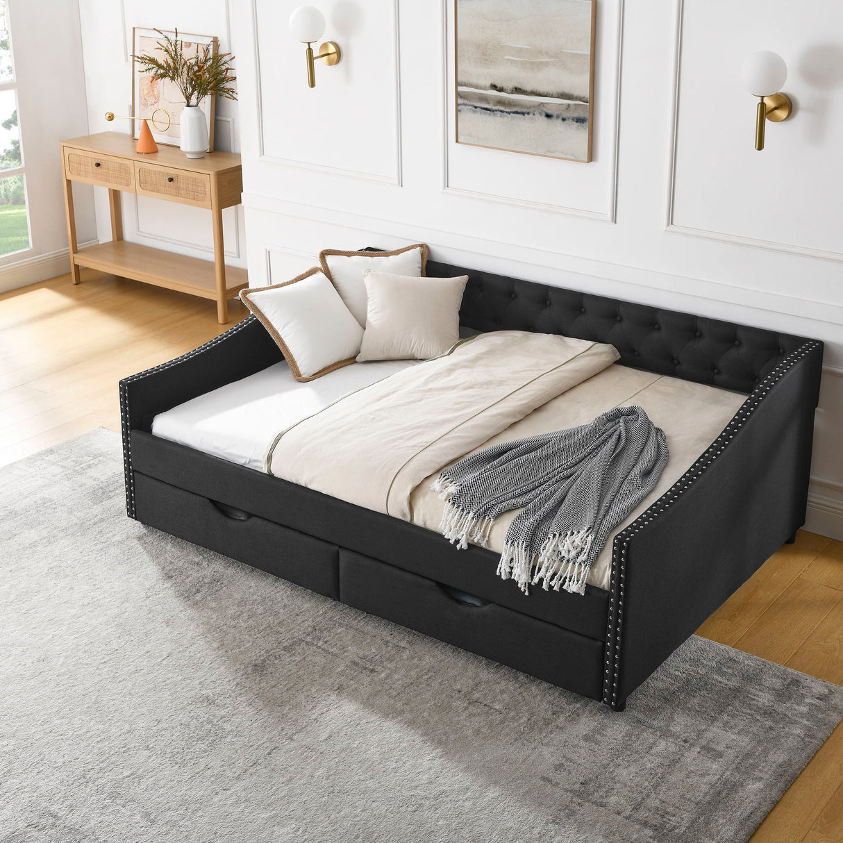 Upholstered Tufted Daybed With 2 Drawers, Waved Arms