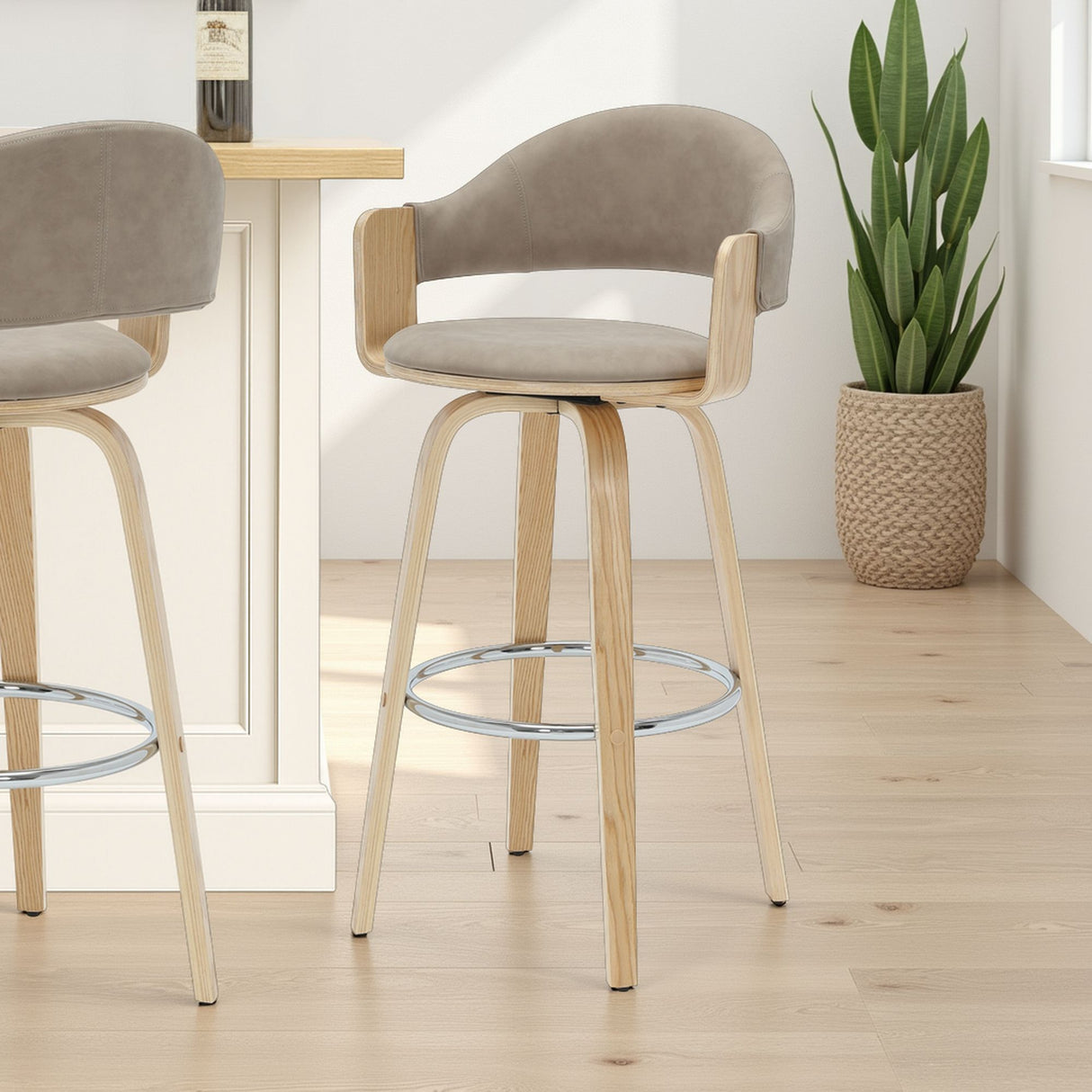Daxton - Swivel Bar Height Round Back Wood Bar Stool With Faux Leather Seat