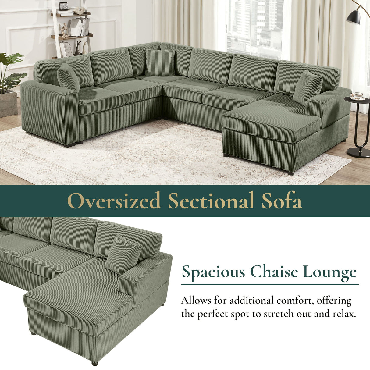 Oversized Sectional U-Shaped Sofa With Chaise Lounge And Three Soft Throw Pillows