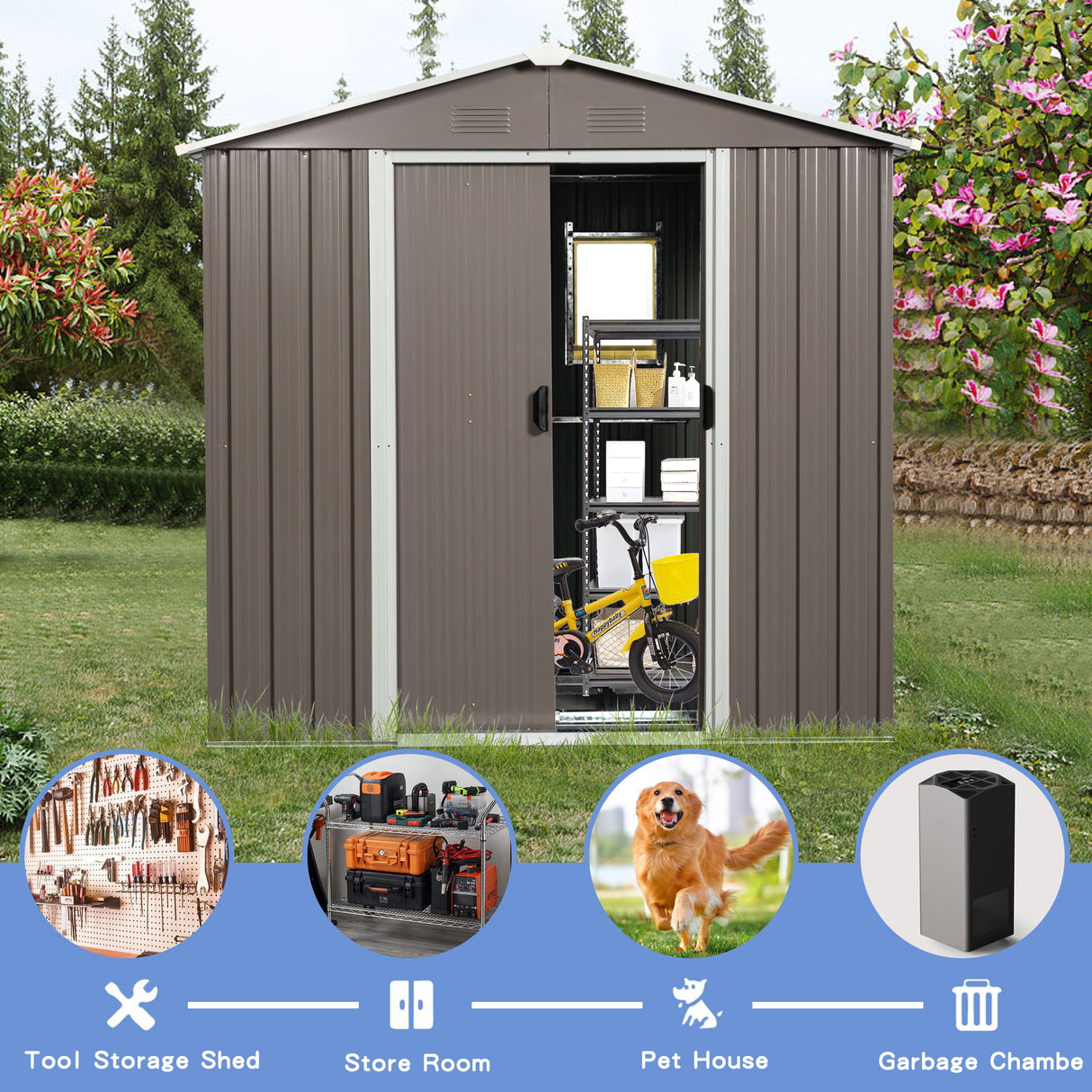 Outdoor Metal Storage Shed Garden Building Weather Resistant Steel 7.5x4ft