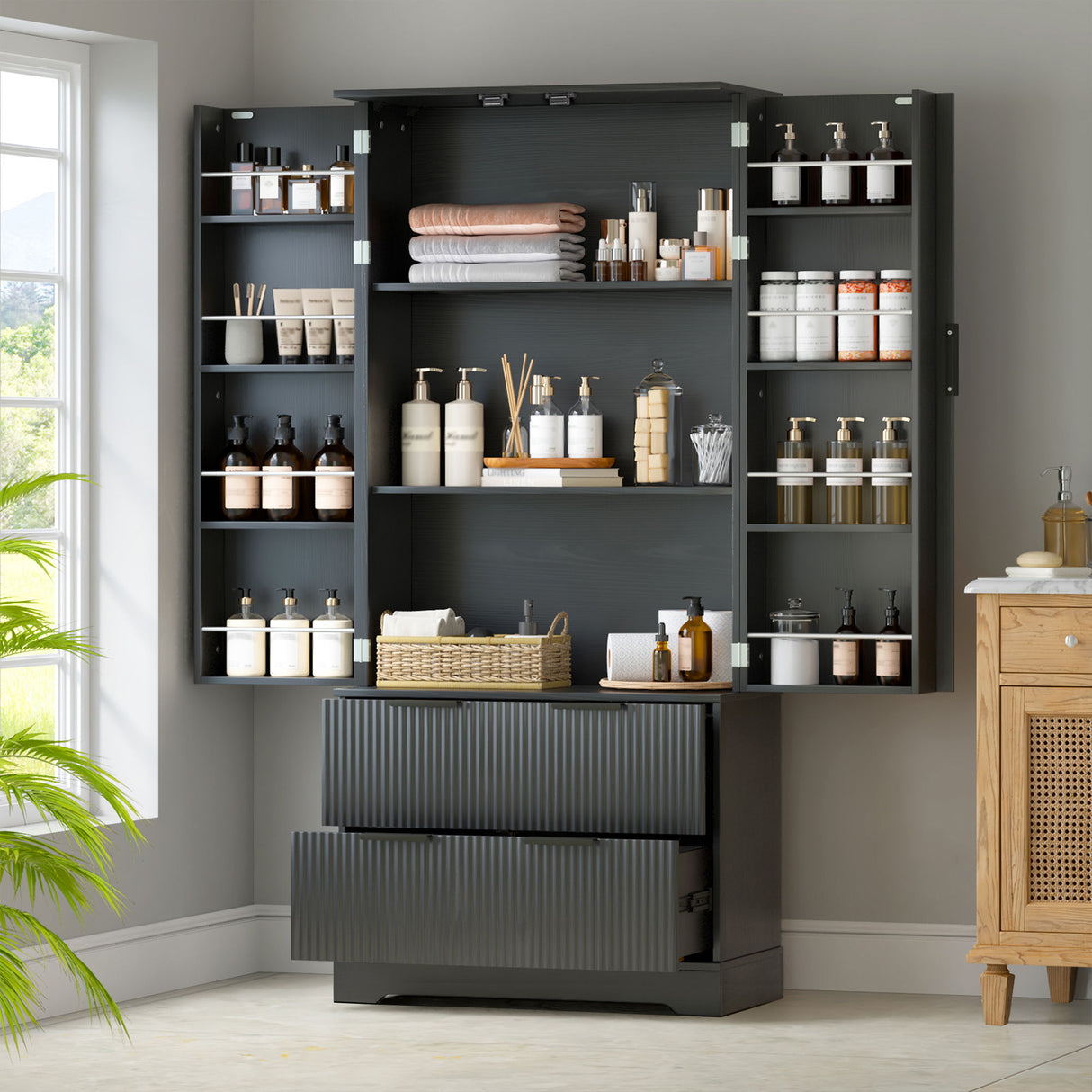 Fluted Kitchen Pantry Cabinet With 2 Large Drawers & 8 Door Spice Rack Freestanding Storage Organizer - Black