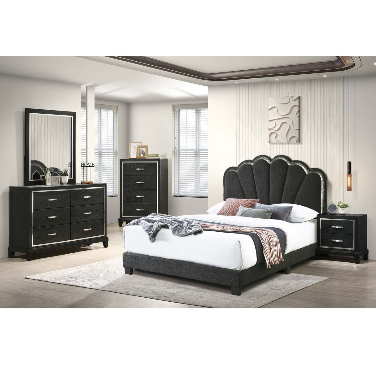 Bed With Floral Design Headboard And Built In LED Lighting