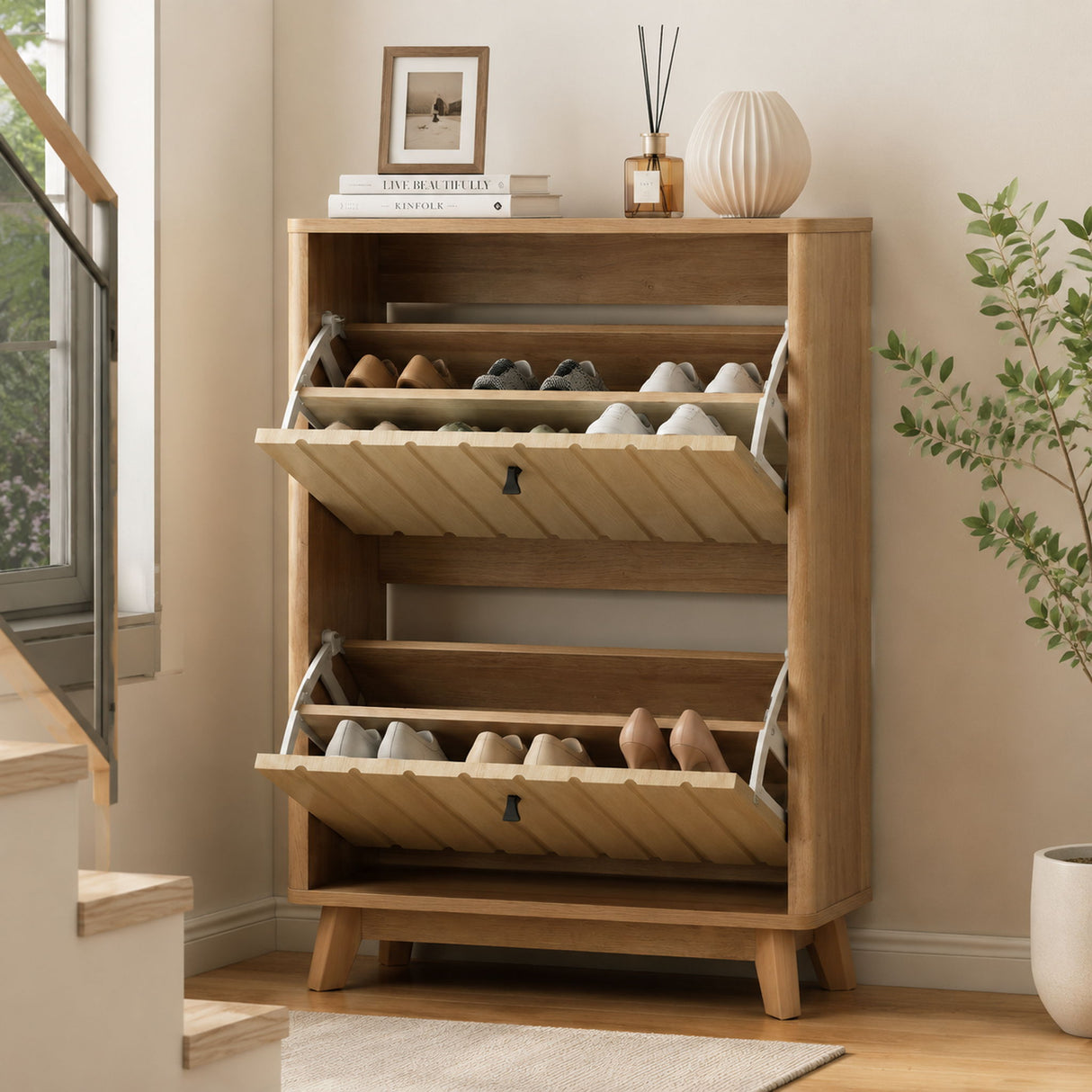 Entryway Shoe Cabinet With Flip Down Storage, Ultra Thin Freestanding Design For Home Use - Oak