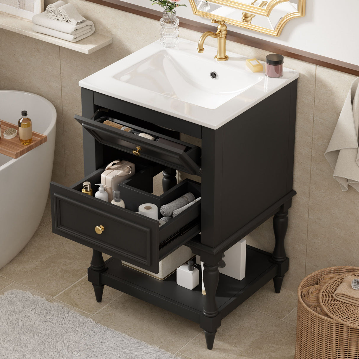 Retro Design Bathroom Vanity With Sink, 2 Drawer Storage Cabinet