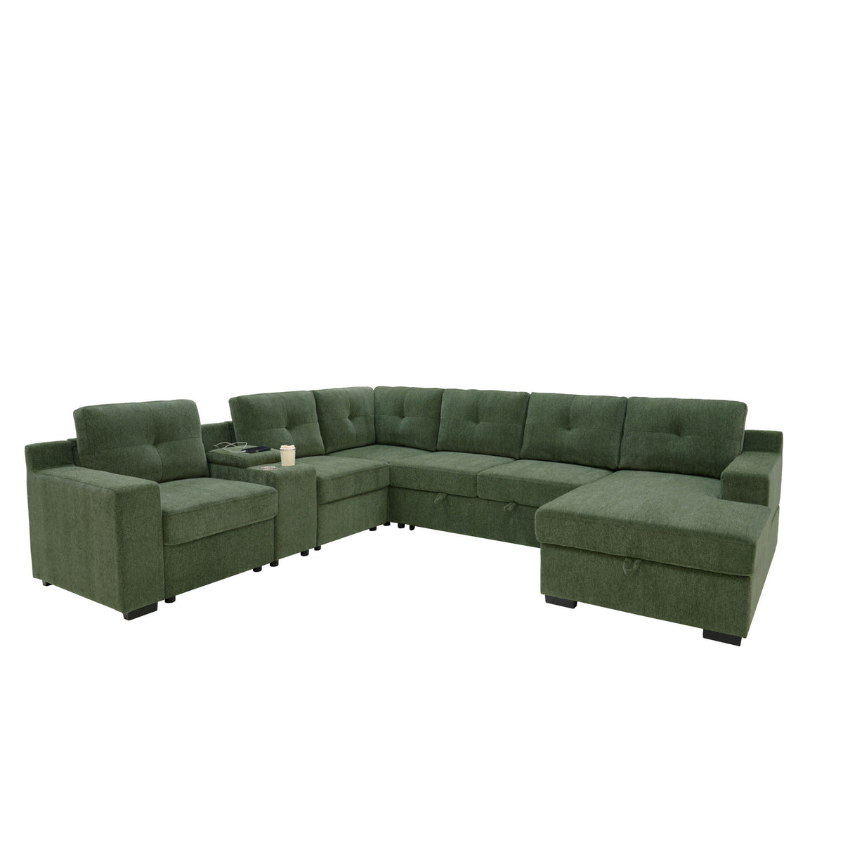 U - Shape Sectional Pull Out Bed With Console, Storage, And USB Charging