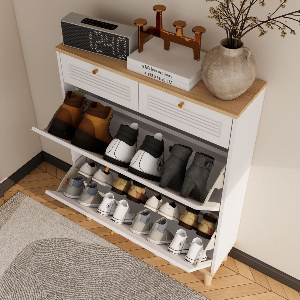 Modern Freestanding Shoe Cabinet With Flip Up Doors And Drawers, Compact Design For Entryway - White Natural