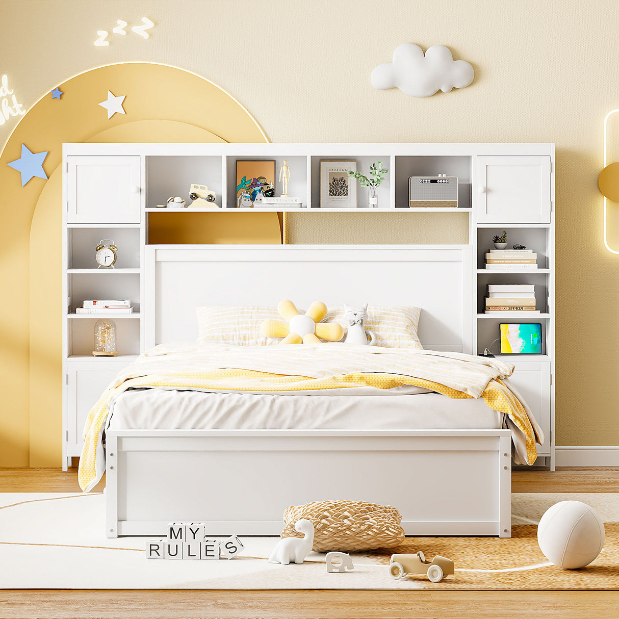 Bed With All In One Cabinet, Shelf And Sockets, Twin Long Trundle