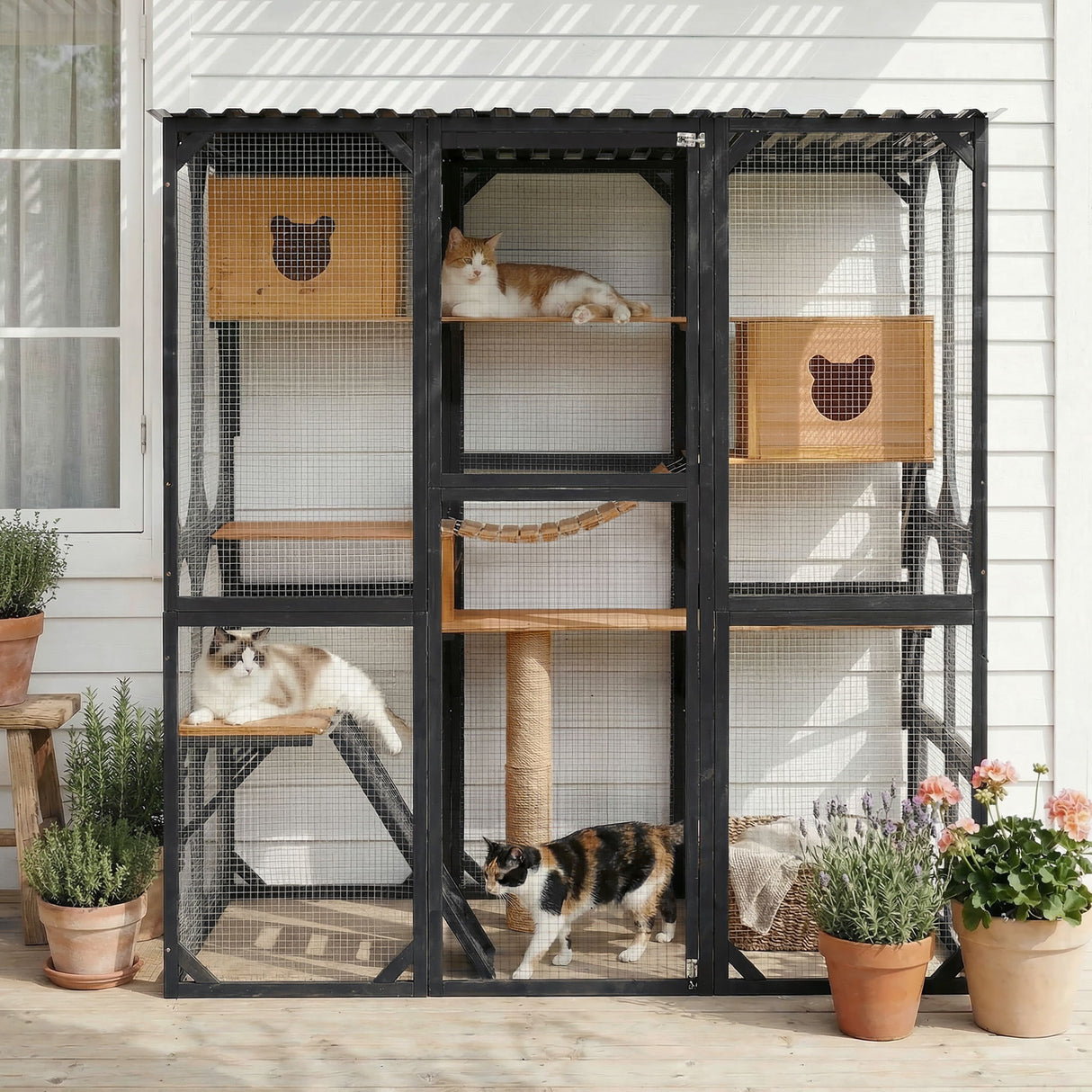 Outdoor Cat Enclosure Catio With Sleeping Houses, Jumping Platforms, Scratching Post, Secure Doors - Black / Brown
