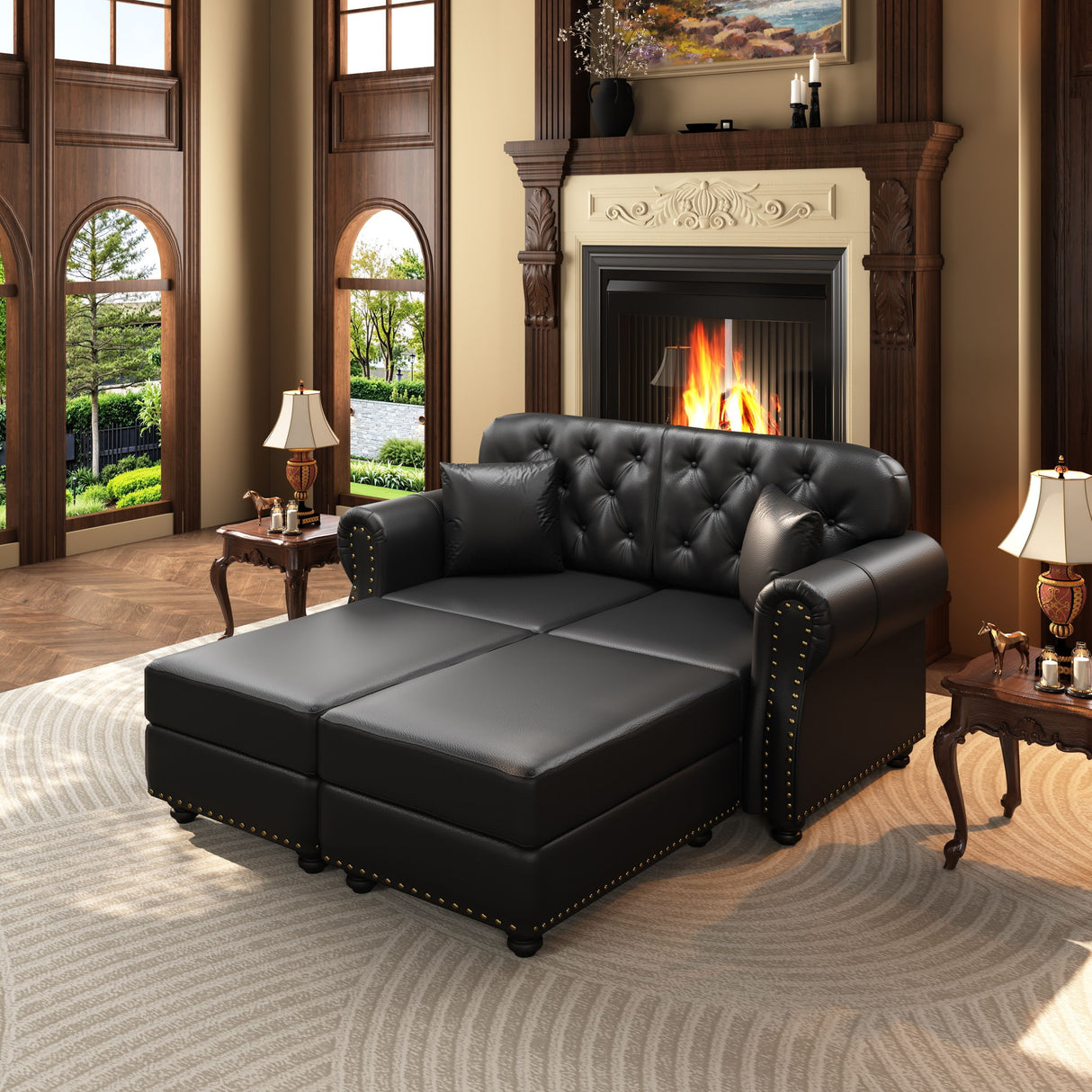 Upholstered Sofa With Nailhead Trim, Rolled Armrests With Ottoman