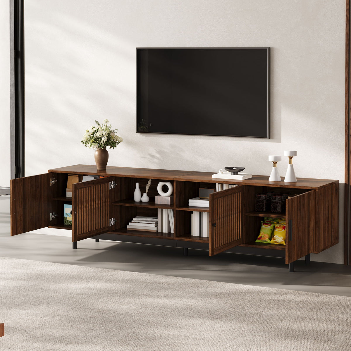TV Stand, Media Console With Soft Closing Hinges, Adjustable Shelves, Slatted Doors - Walnut