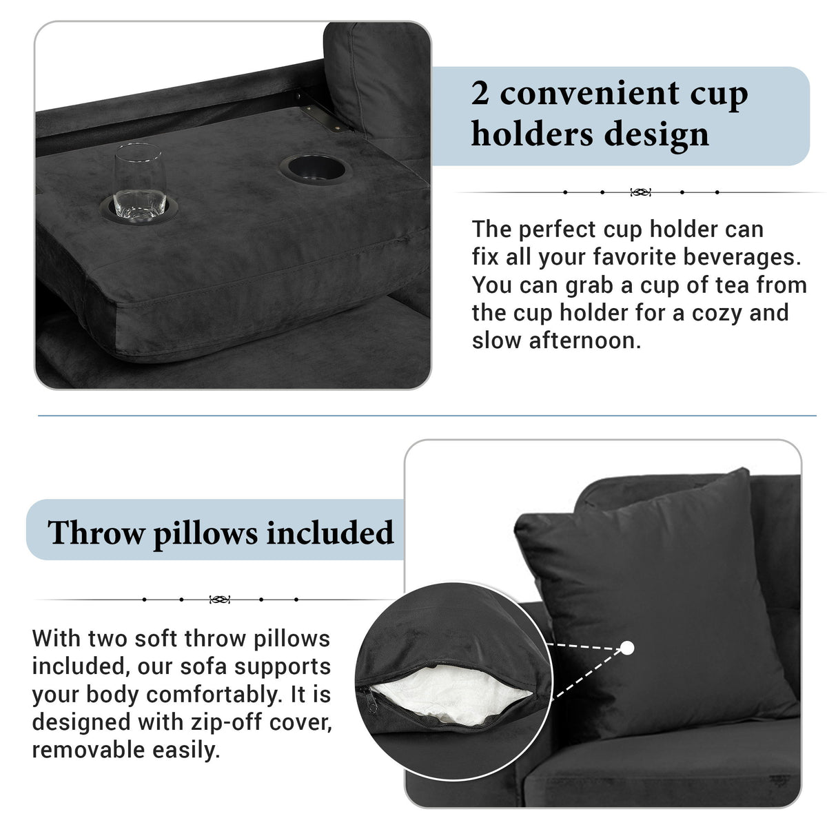 Modern Sectional Sofa With Storage Ottoman, L - Shape Couch With 2 Pillows And Cup Holders