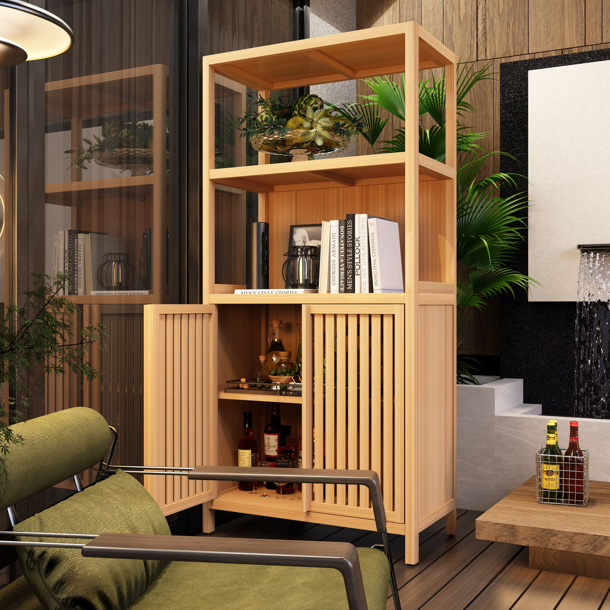 Neutral - Bamboo Storage Cabinet Freestanding With 2 Doors For Bathroom, Living Room, Kitchen, And Entryway - Neutral