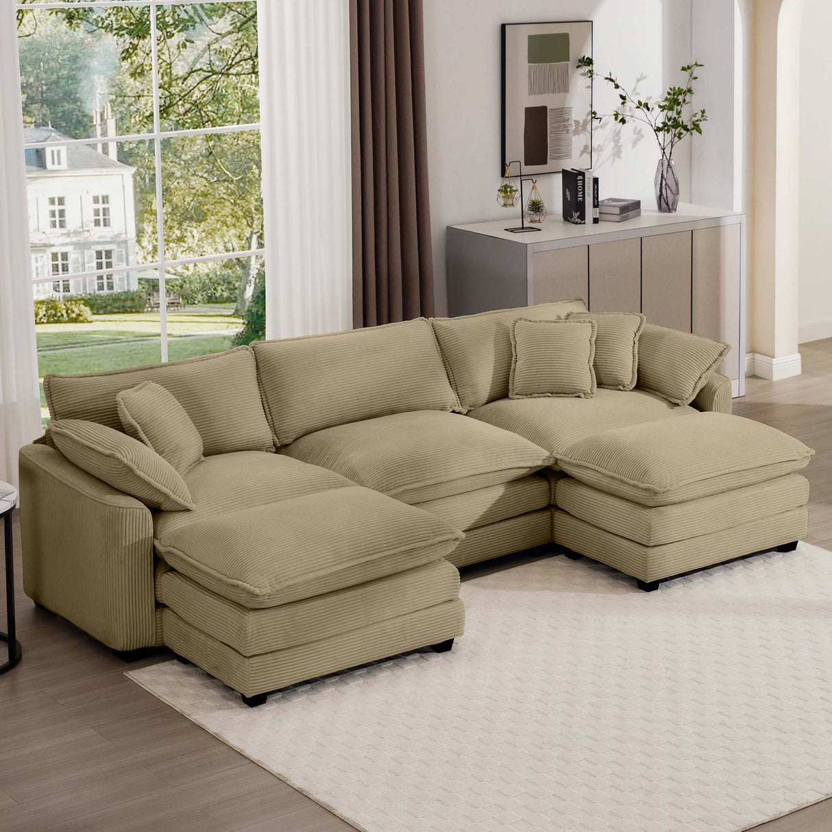 Oversized Modular Cushion Sofa With Ottoman, Low Back, Deep Seating Sofa Set