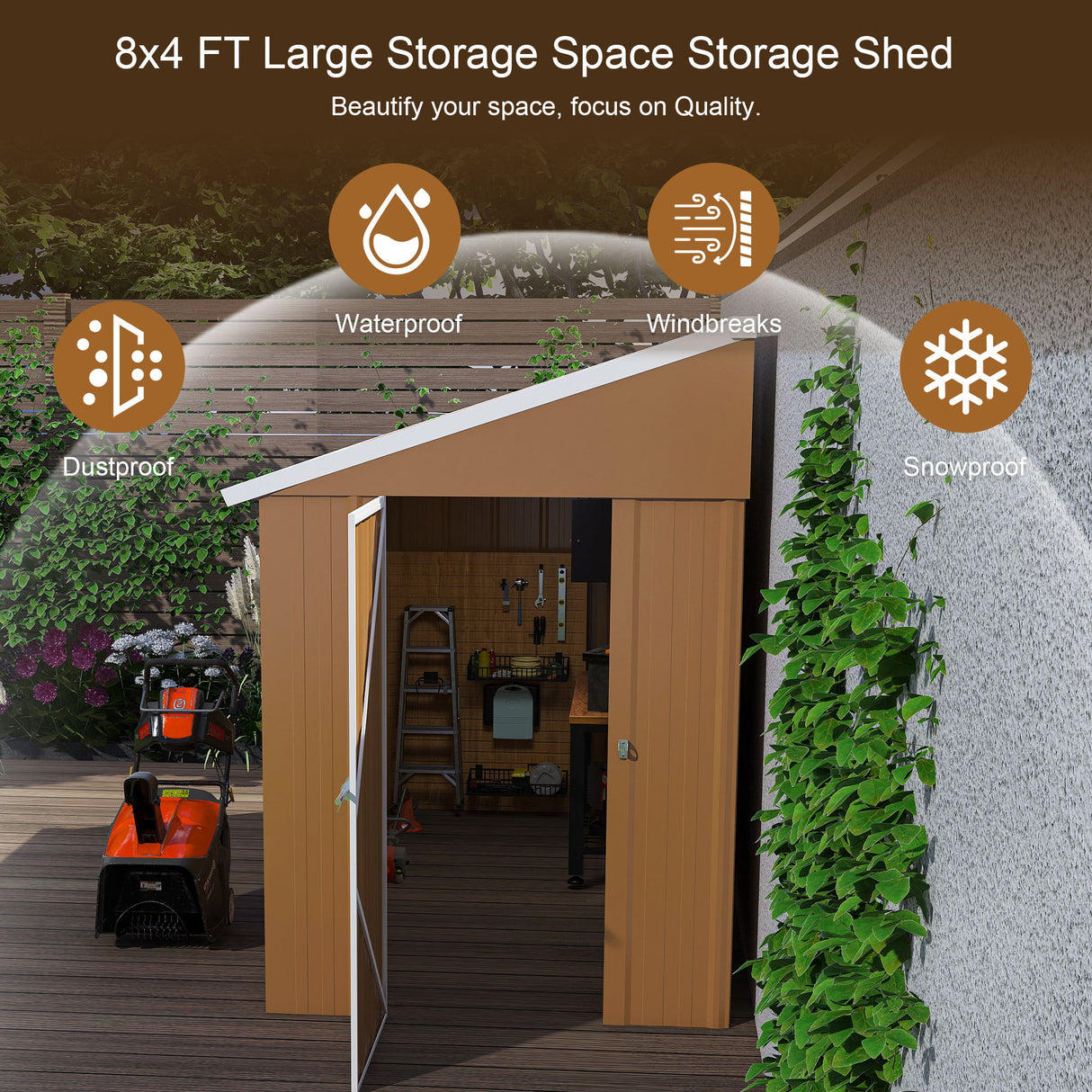 Storage Shed Garden Building Heavy Duty Weatherproof Iron 8x4ft Brown