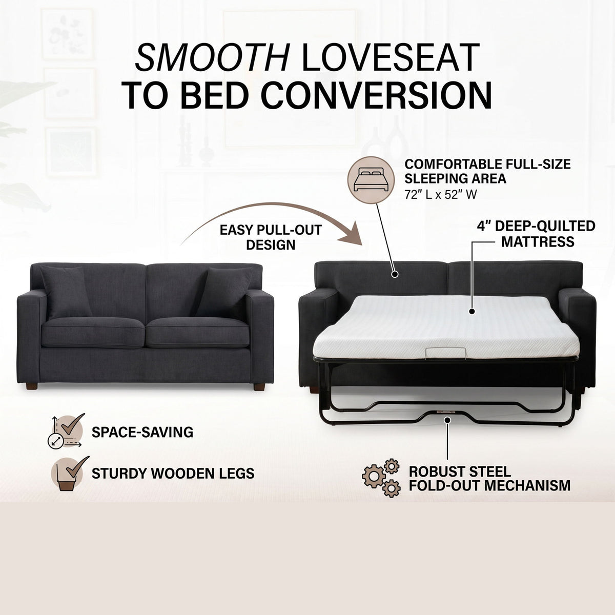 Convertible Sleeper Loveseat & Chair Set With Fold Out Mattress, Loveseat & Chair - Gray