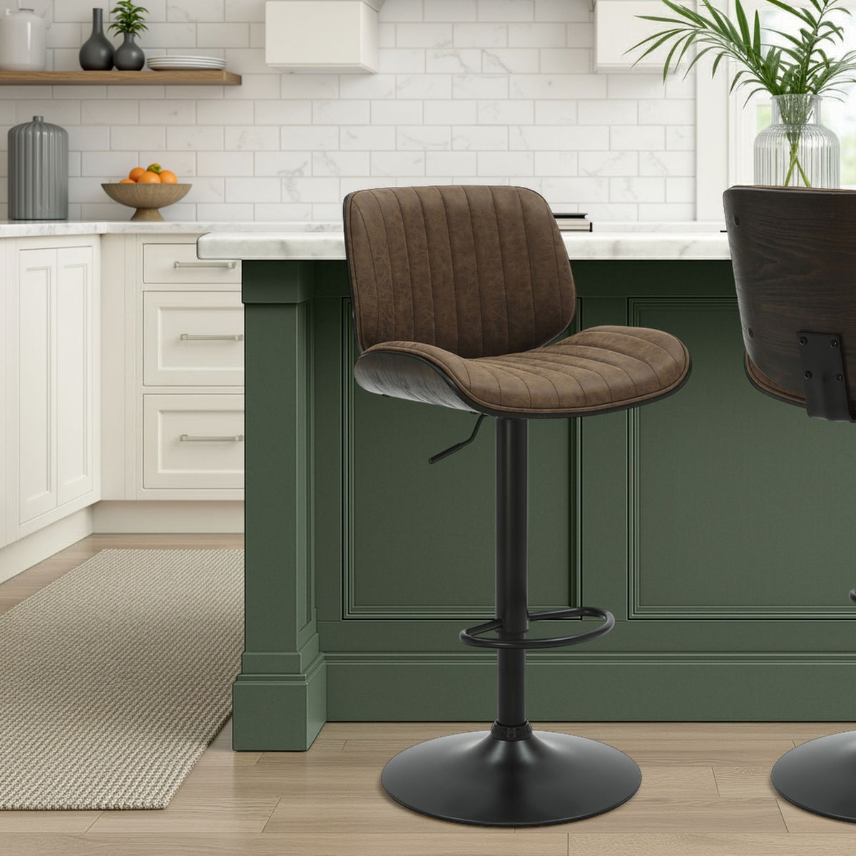 Brock - Adjustable Swivel Curved Back Wood Bar Stool With Faux Leather Seat - Black Base
