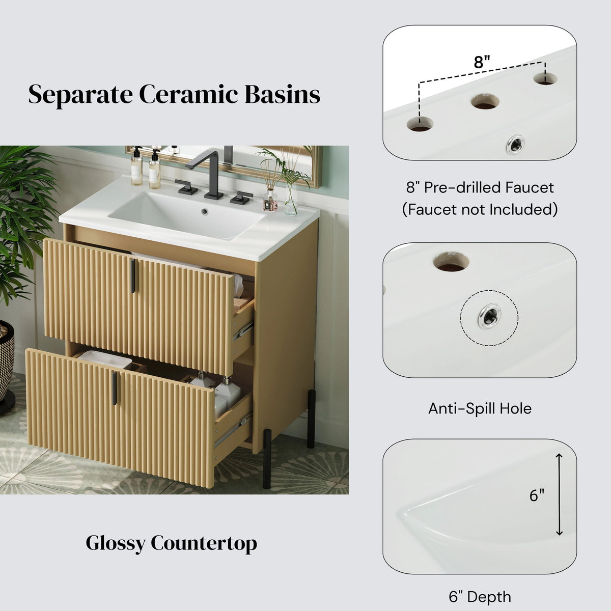 Fluted Bathroom Vanity With Ceramic Sink, Freestanding Design