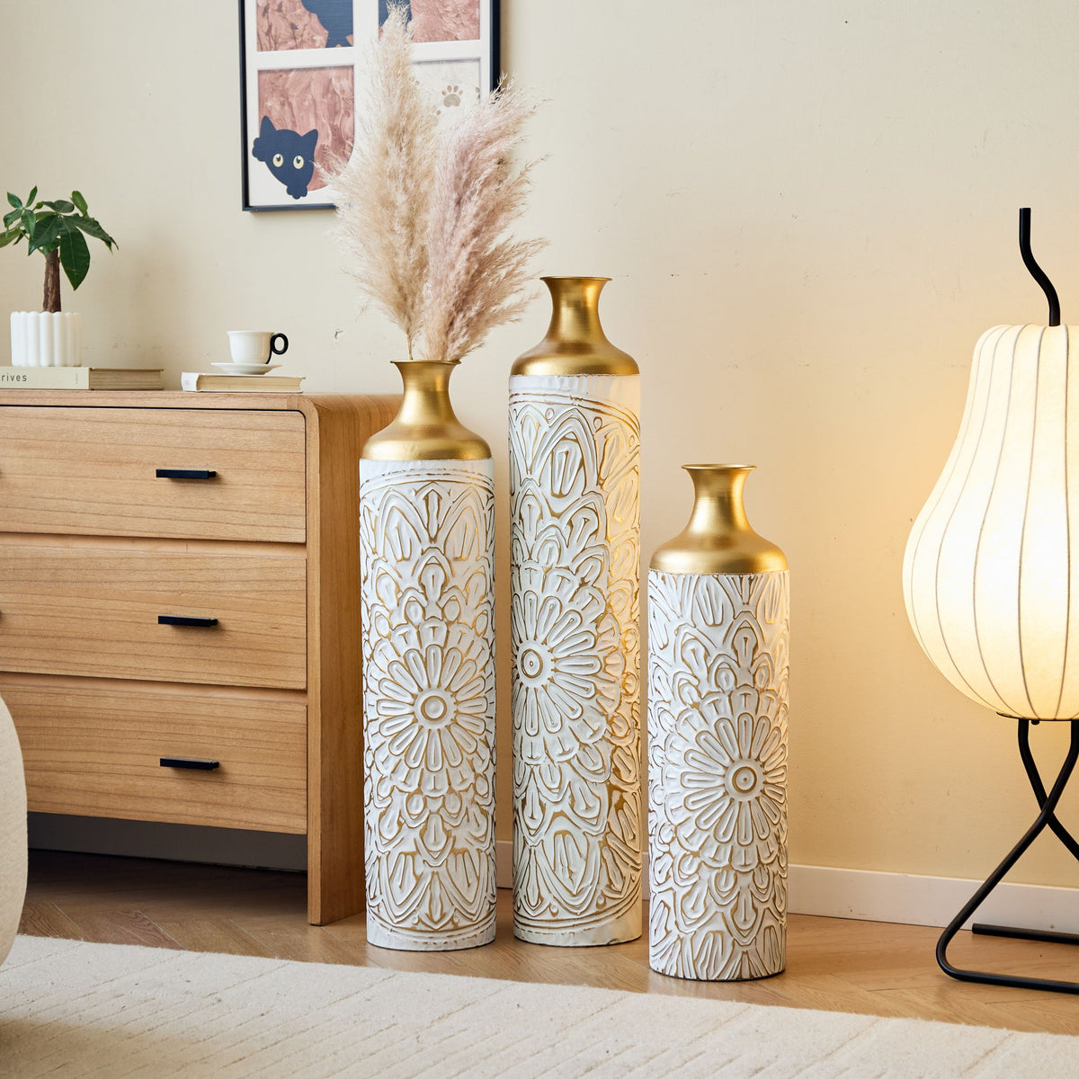 3 Piece Home Decoration Large Glazed Floor Vase Decoration Home Droplet Shaped - Gold / White