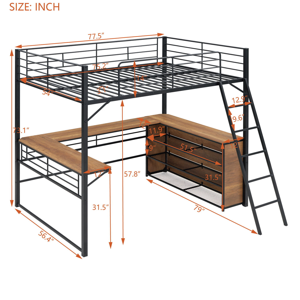 Loft Bed & 3 Layers Of Shelves And L-Shaped Desk