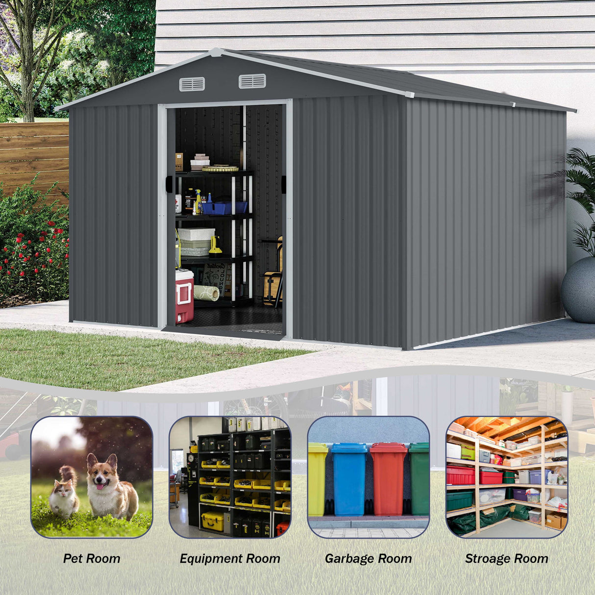 Outdoor Storage Shed Garden Building Heavy Duty Metal Sloped Roof Gray