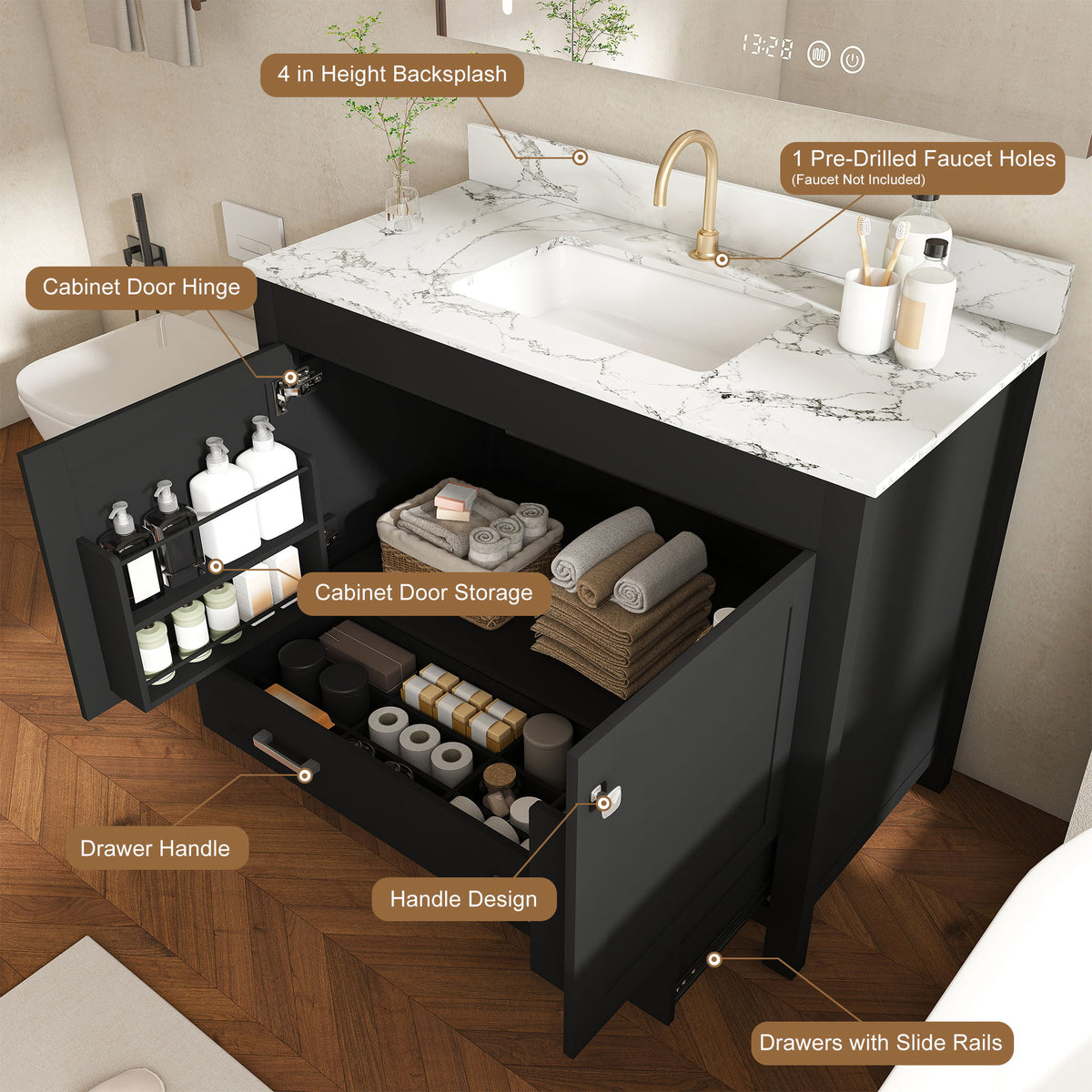 Bathroom Vanity Set, Fluted Cabinet, Soft Close Doors & Drawers, Single Faucet Hole, Sink Included - Black