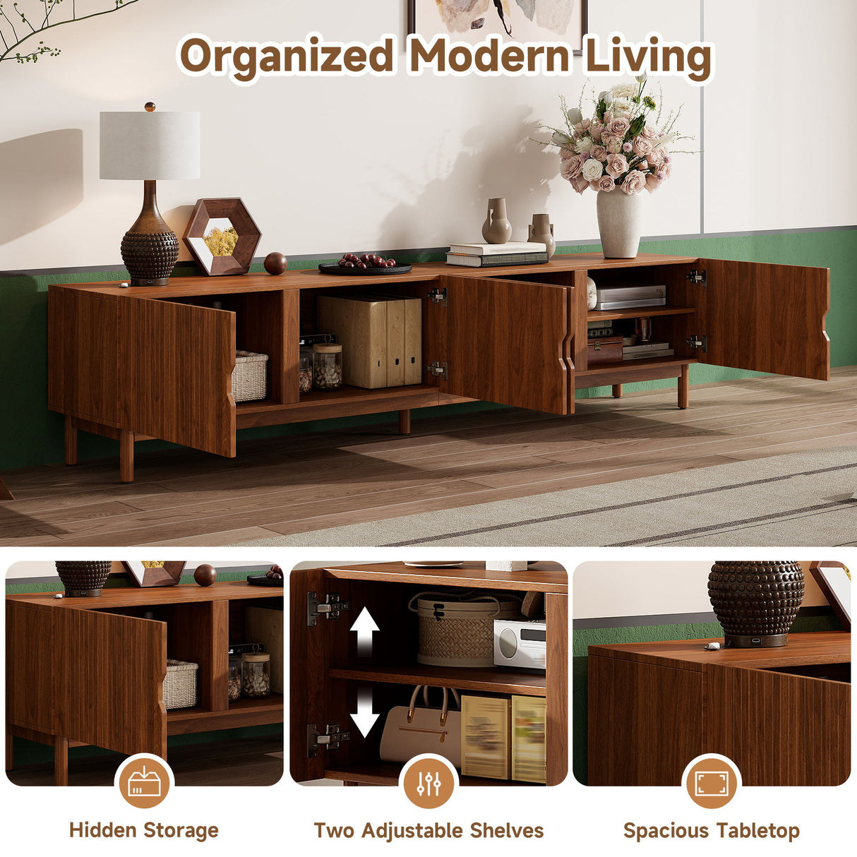 TV Stand With Legs, Media Console, 4 Cabinets For Living Room - Natural Wood