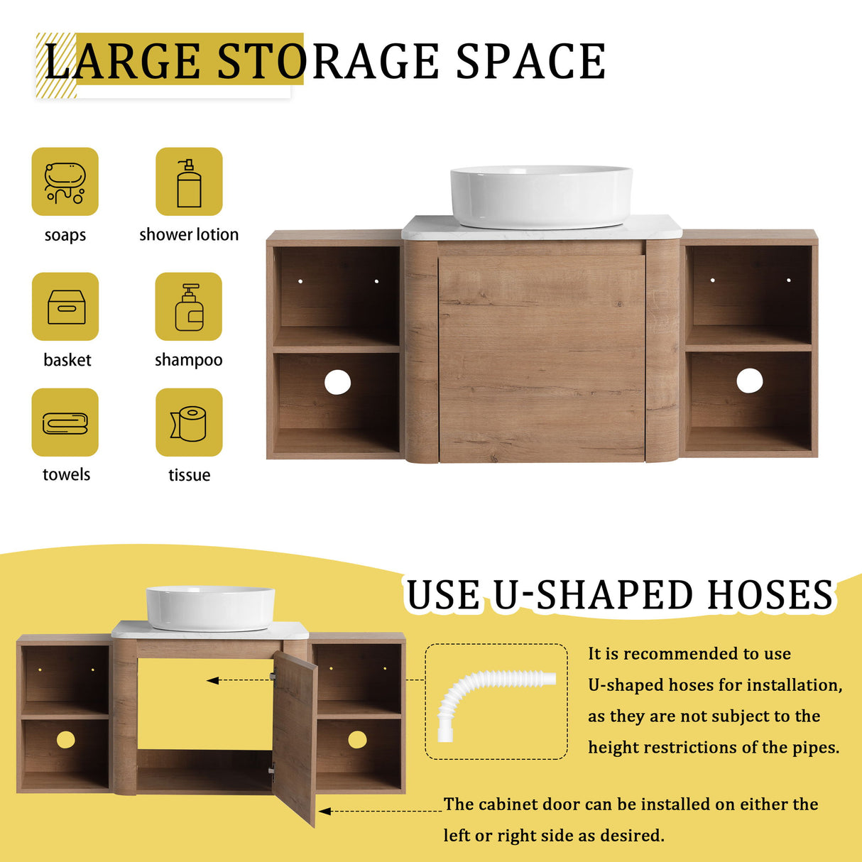 Wall Mounted Bathroom Vanity With Art Sink, 2 Storage Shelves, Soft Close Door
