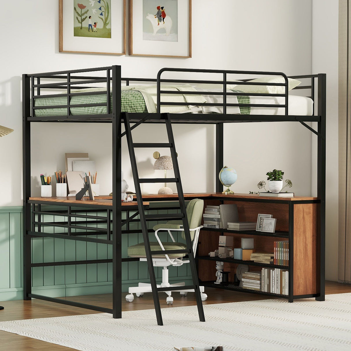 Loft Bed & 3 Layers Of Shelves And L-Shaped Desk
