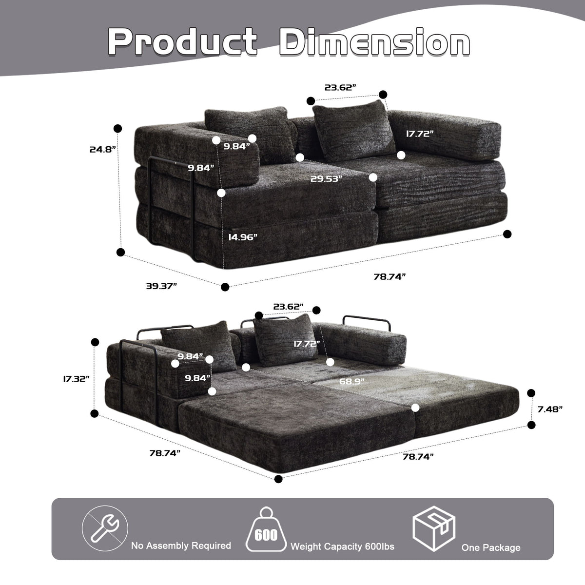 Convertible Floor Sofa Bed With Pillow Back Support Armrest