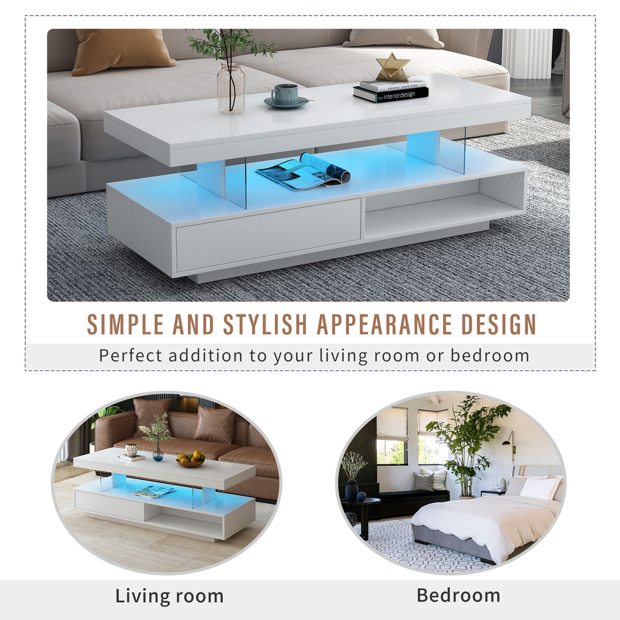 LED Coffee Table With Storage, Modern Center Table With 2 Drawers And Display Shelves, Accent Furniture With LED Lights For Living Room - White