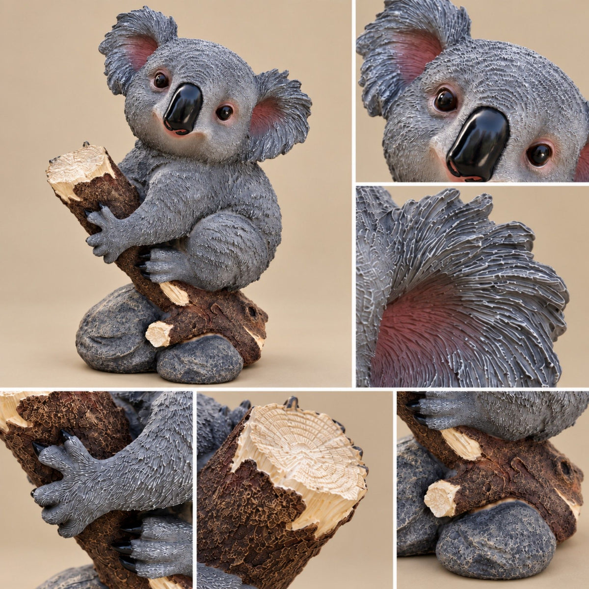 Koala Garden Statue Hand Painted Animal Sculpture With Log For Patio Home Decor - Dark Gray