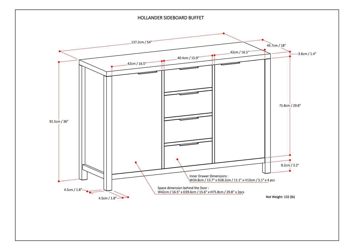 Sideboard Buffet Dining Room Cabinet Solid Wood Storage 54x36in