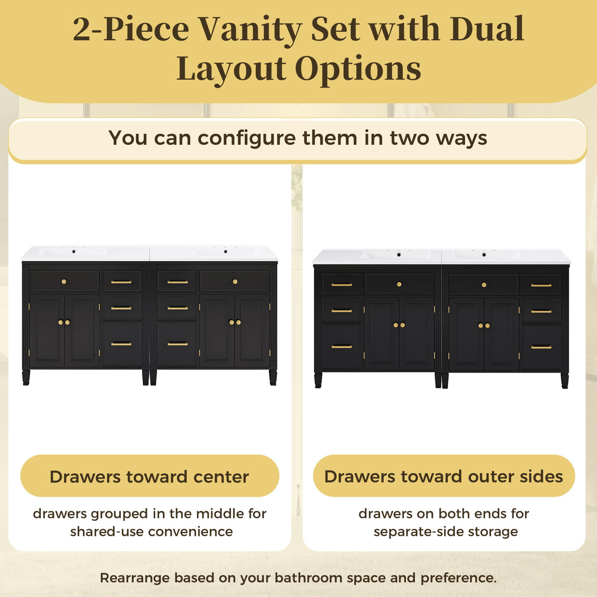 2 Piece Freestanding Bathroom Vanity Set With Sink Top, Reversible Dual Layout