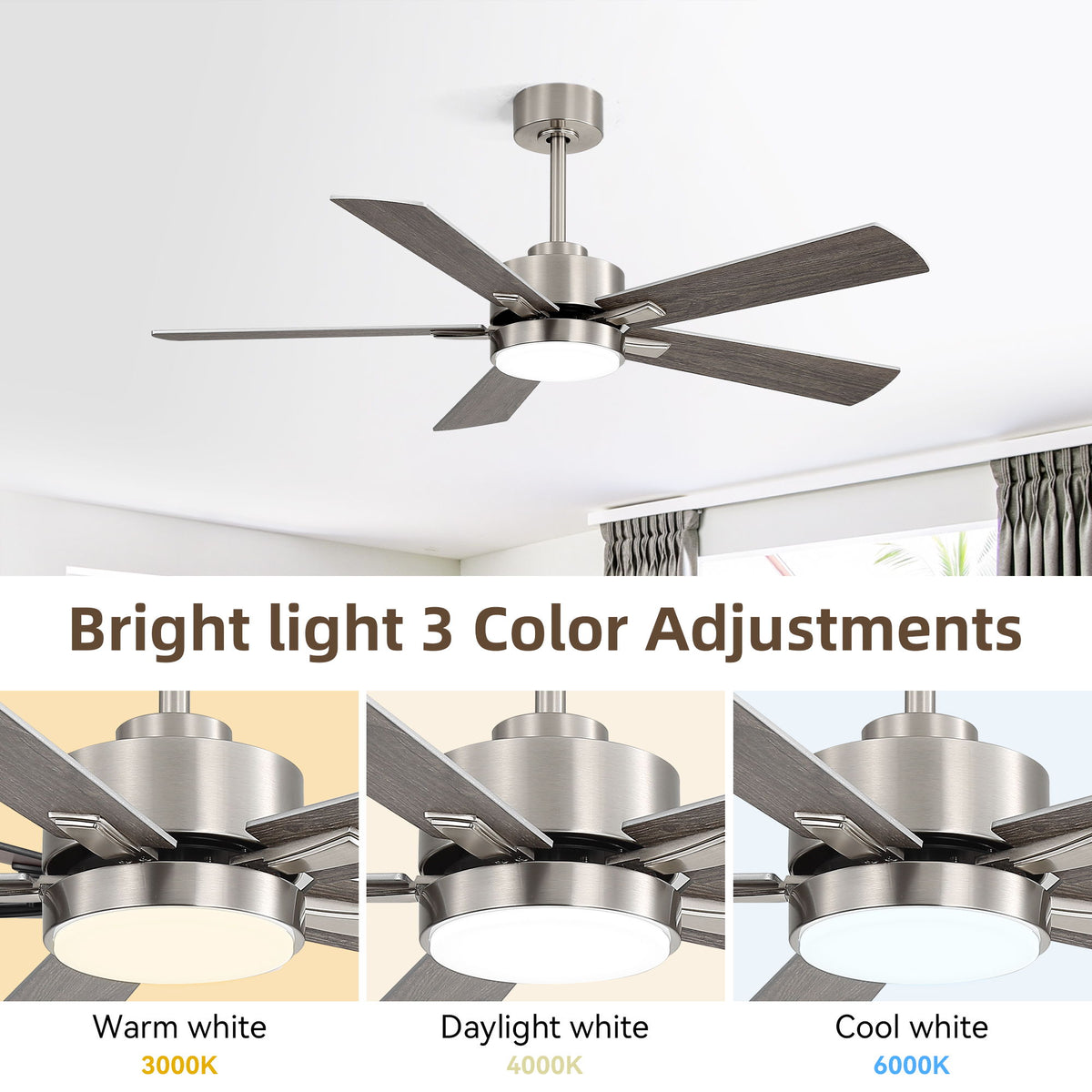 Reversible DC Motor Ceiling Fan With Dimmable LED Light For Living Room