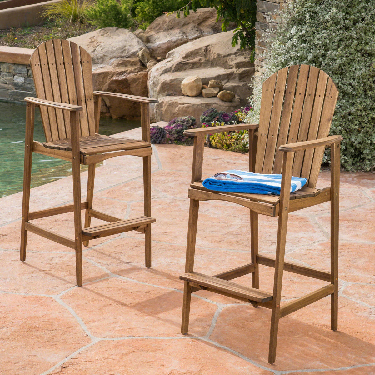 Outdoor Acacia Wood Adirondack Barstools (Set of 2)