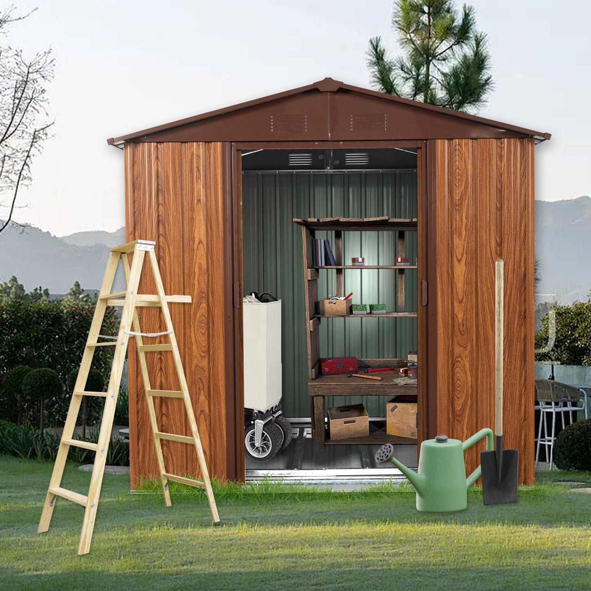 Outdoor Metal Storage Shed Garden Building Heavy Duty with Floor Base
